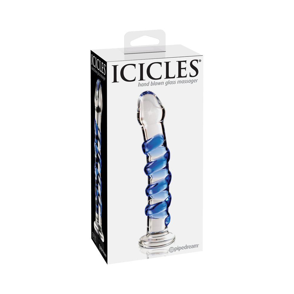 Icicles No. 5 Curved Ribbed 7 " Glass Dildo Blue/Clear