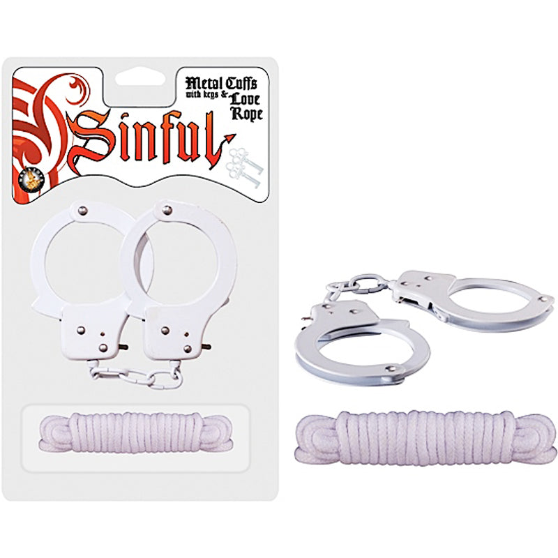Sinful Metal Cuffs With Keys & 118" Love Rope (White)