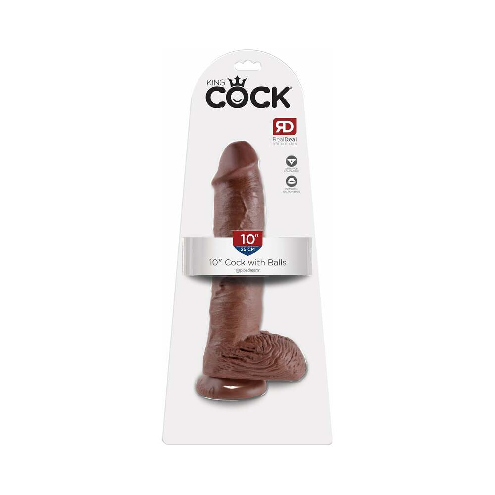 King Cock 10 " Cock With Balls Realistic Suction Cup Dildo Brown