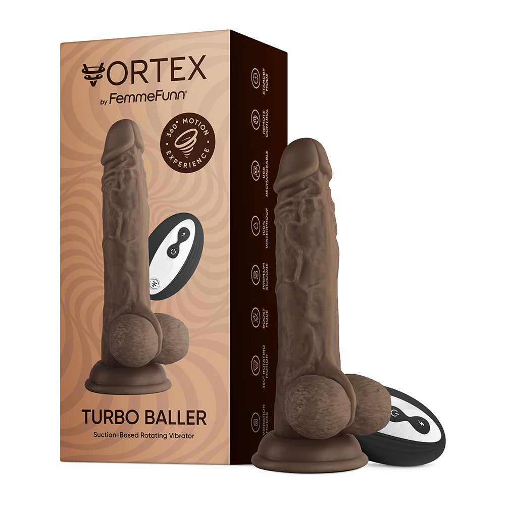 FemmeFunn Vortex Turbo Baller 2.0 8.25 " Vibrating Rotating Dildo Brown