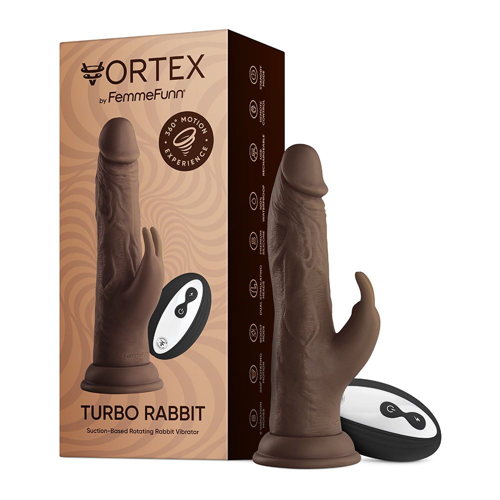 FemmeFunn Vortex Turbo Rabbit 2.0 8 " Dual Stimulation Vibrating Dildo Brown