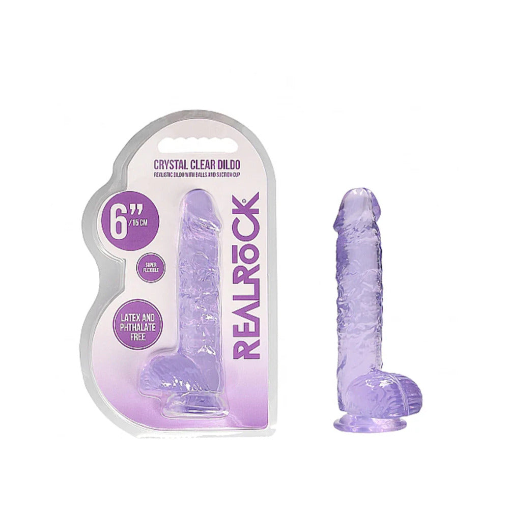 RealRock Crystal Clear Realistic 6 " Dildo With Balls and Suction Cup Purple