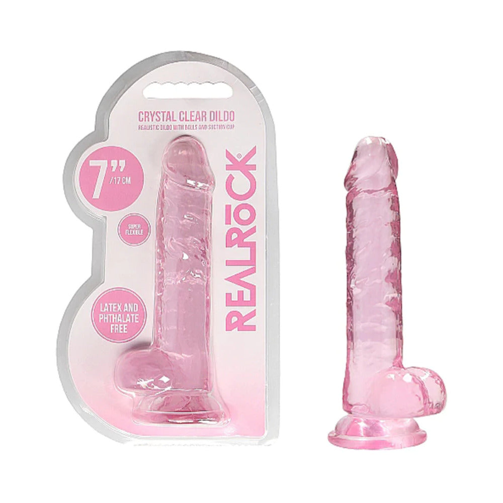 RealRock Crystal Clear Realistic 7 " Dildo With Balls and Suction Cup Pink