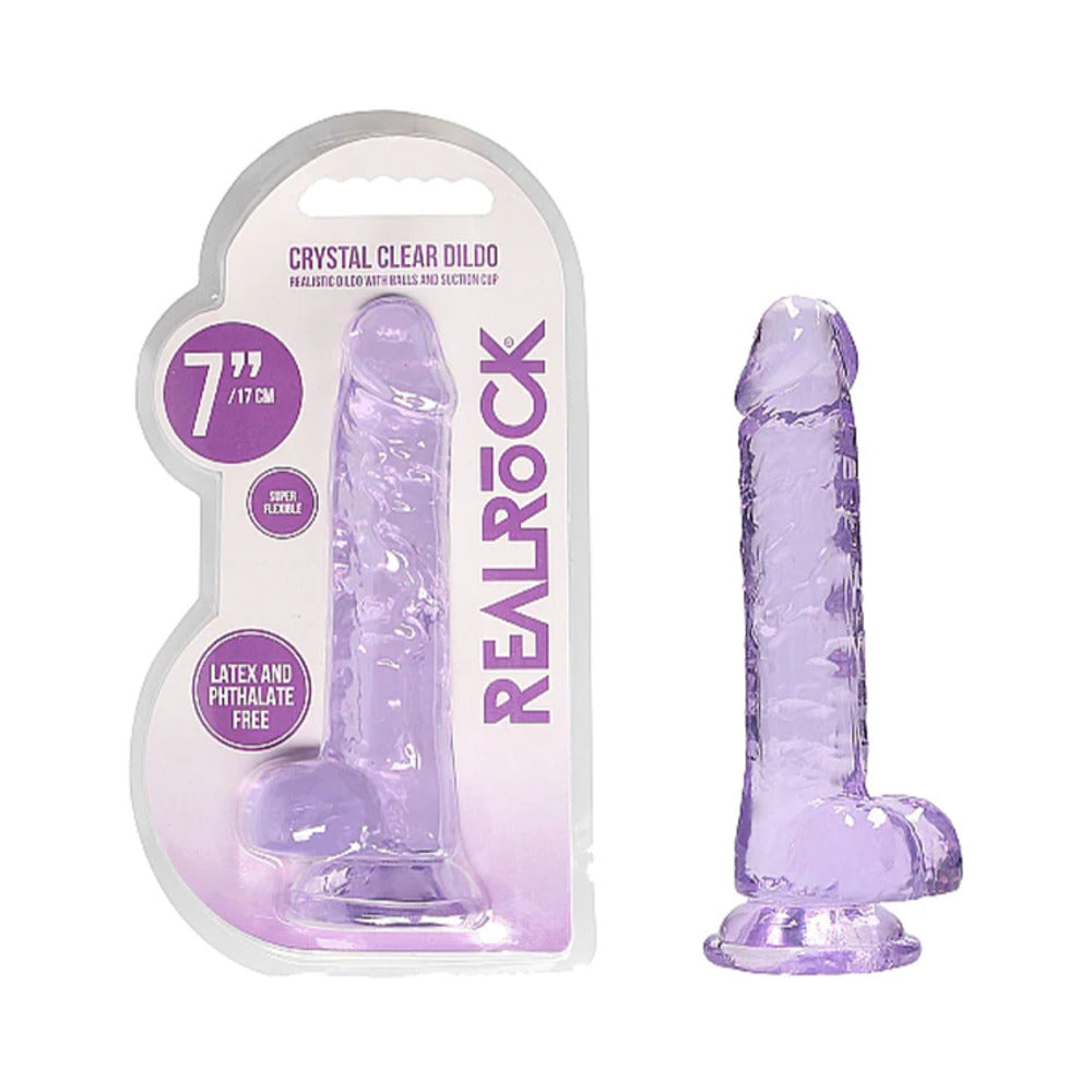 RealRock Crystal Clear Realistic 7 " Dildo With Balls and Suction Cup Purple