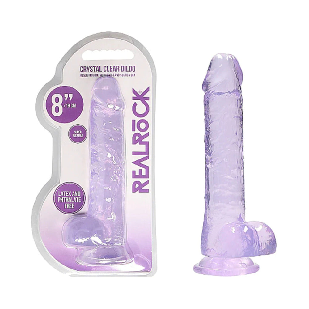 RealRock Crystal Clear Realistic 8 " Dildo With Balls and Suction Cup Purple