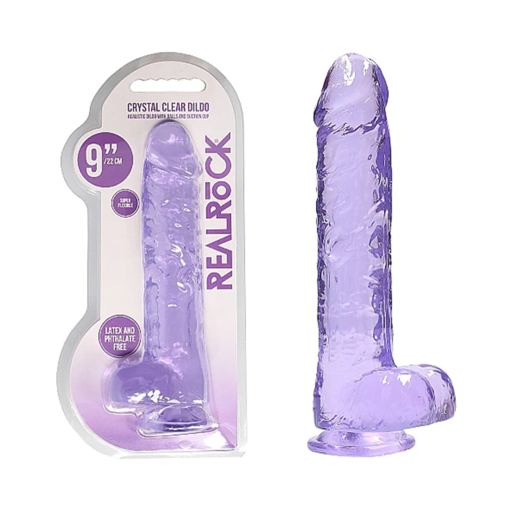 RealRock Crystal Clear Realistic 9 " Dildo With Balls and Suction Cup Purple