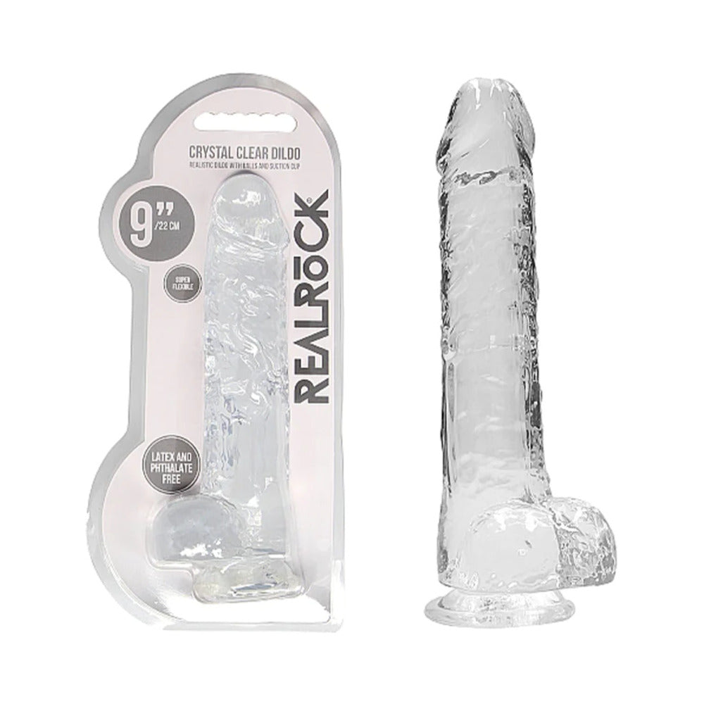 RealRock Crystal Clear Realistic 9 " Dildo With Balls and Suction Cup Clear