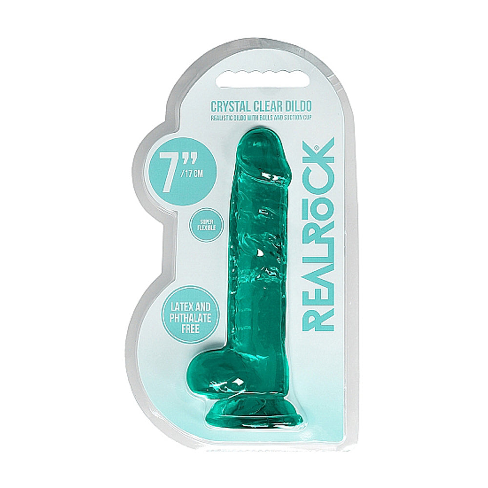 RealRock Crystal Clear Realistic 7 " Dildo With Balls and Suction Cup Turquoise