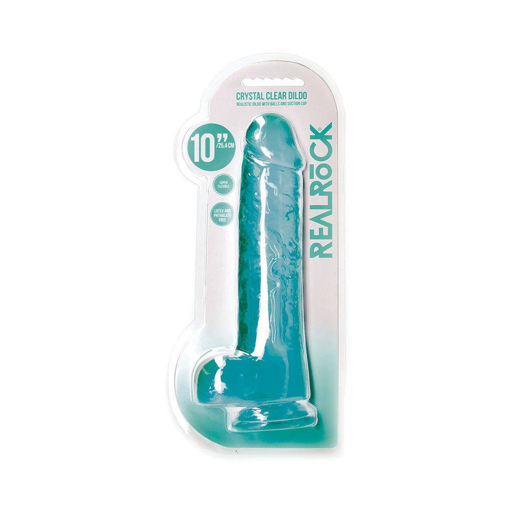 RealRock Crystal Clear Realistic 10 " Dildo With Balls and Suction Cup Turquoise