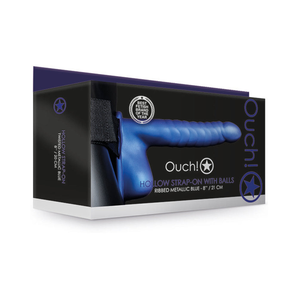 Ouch! Ribbed 8 " Hollow Strap-On with Balls Metallic Blue