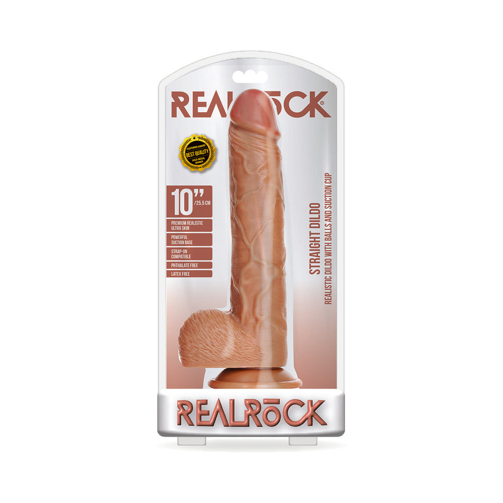RealRock Realistic 10 " Straight Dildo With Balls and Suction Cup Tan