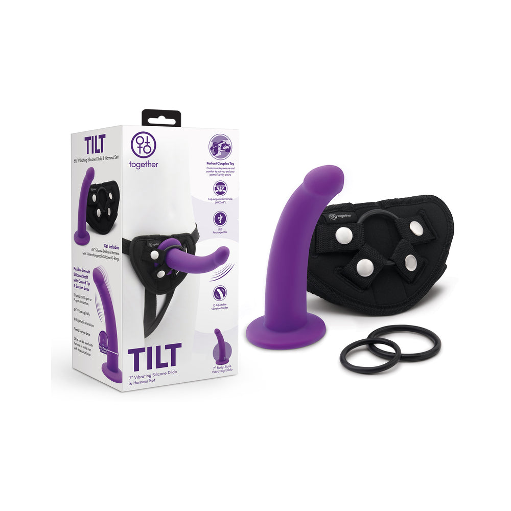Together Tilt 7 " Vibrating Silicone Dildo & Harness Set Purple