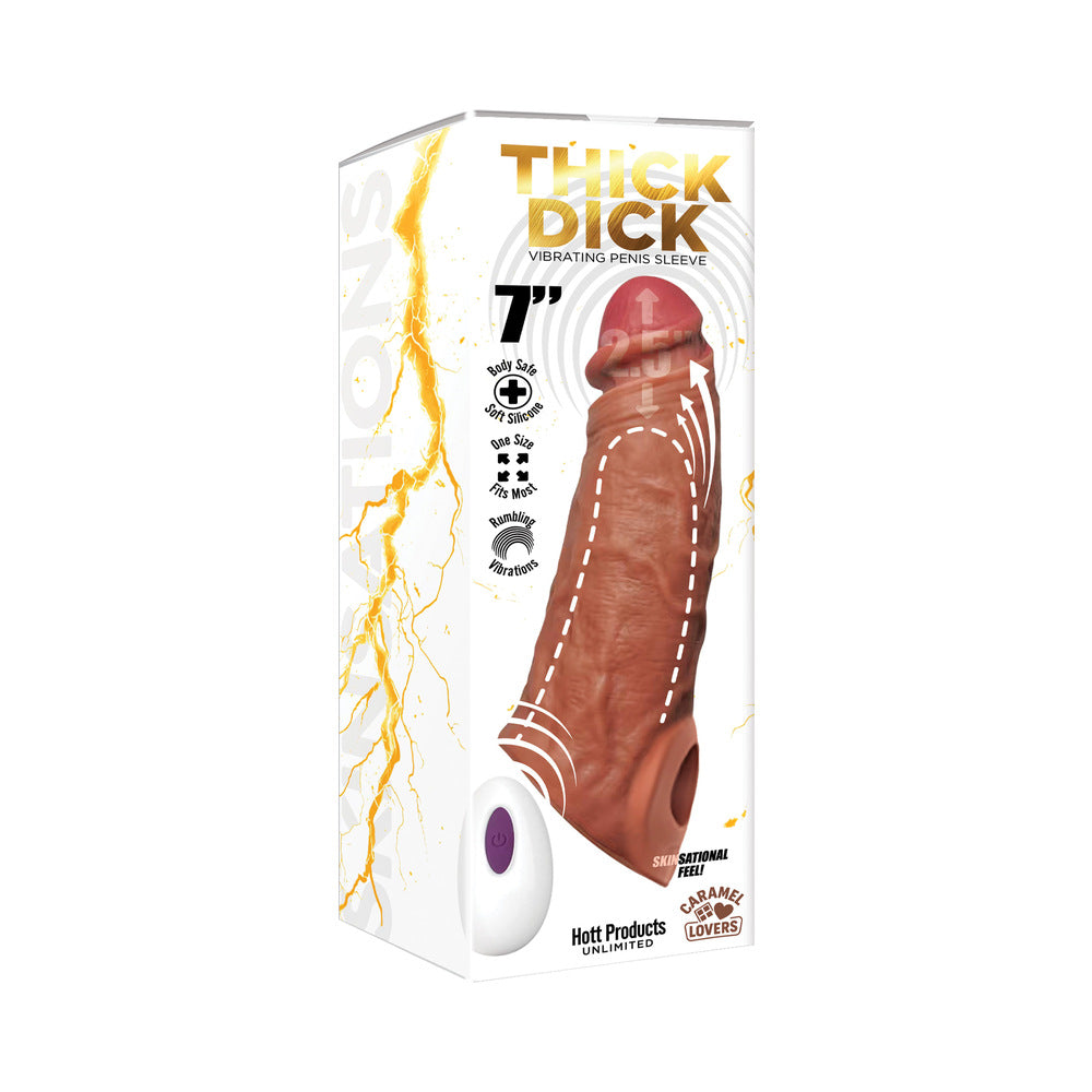 Skinsations Thick Dick 7 " Vibrating Penis Sleeve with Remote Caramel Lovers
